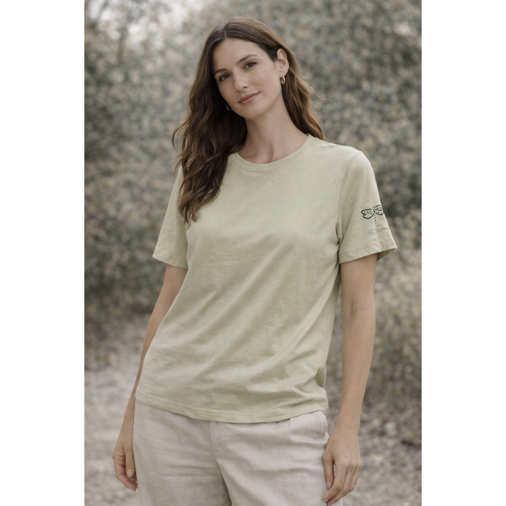 St John Sport Marie Gray Womens Small Sage Green Dragonfly Rhinestone T-Shirt‎